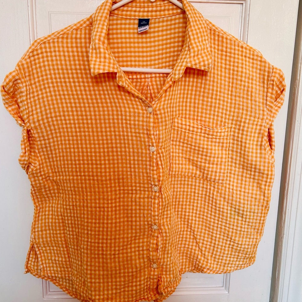 Short-Sleeved Oversized Cropped Crinkled Gingham Shirt